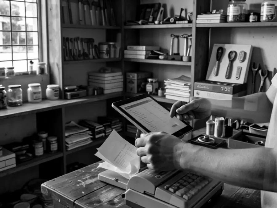 Mostrador de una ferretería: manos usando una tablet junto a una impresora de tickets